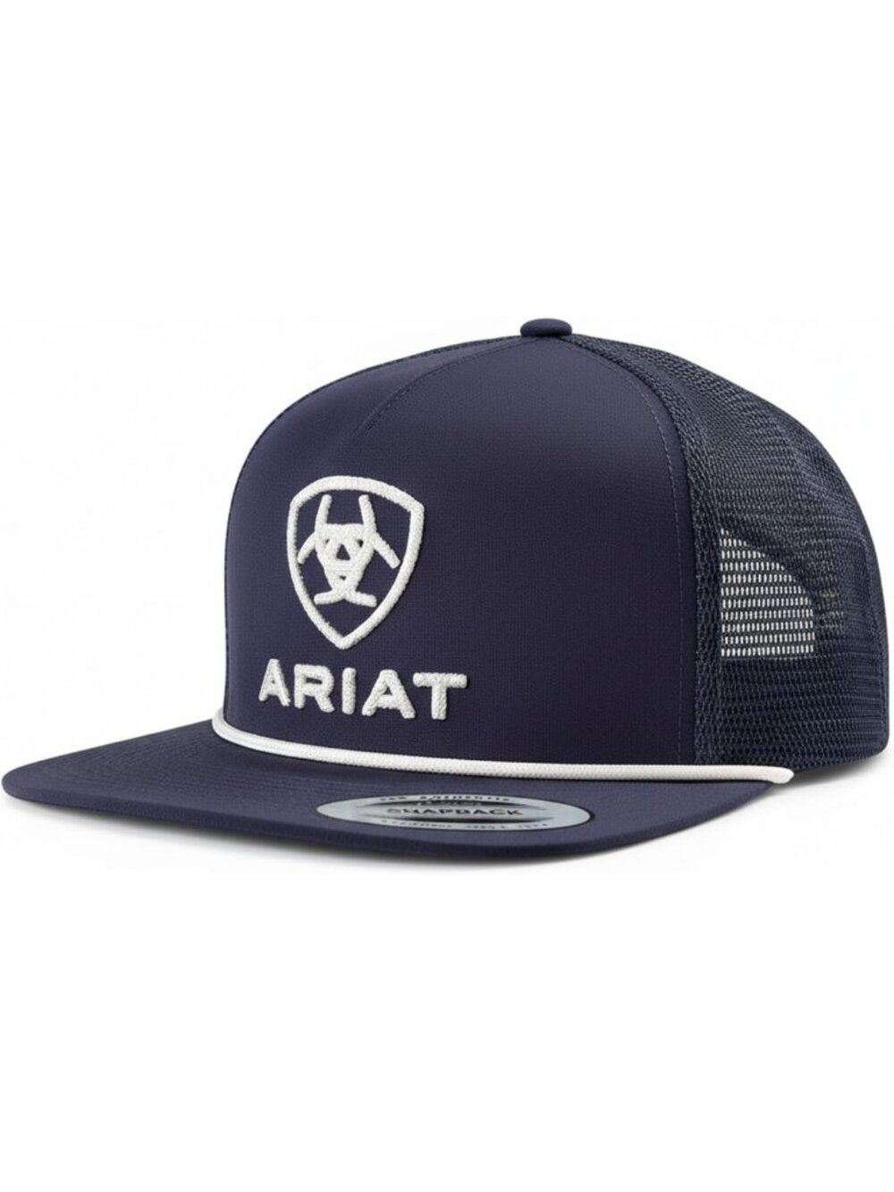 Men's Embroidered Shield Snapback Hat with Rope Trim, Flat Brim, Navy Blue